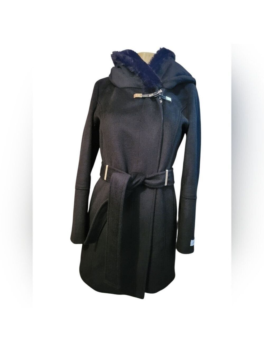 Calvin Klein Black Trench Coat with Fur Collar XSP Winter - Picture 3 of 5